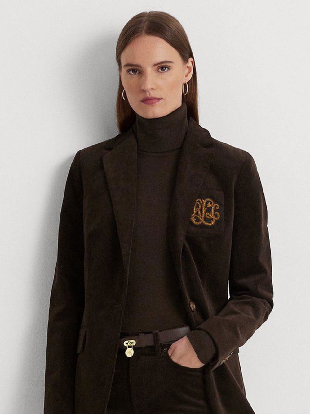 Lauren Ralph Lauren Dark Brown Velvet Blazer with Gold Embroidered Crest - Picture 2 of 4